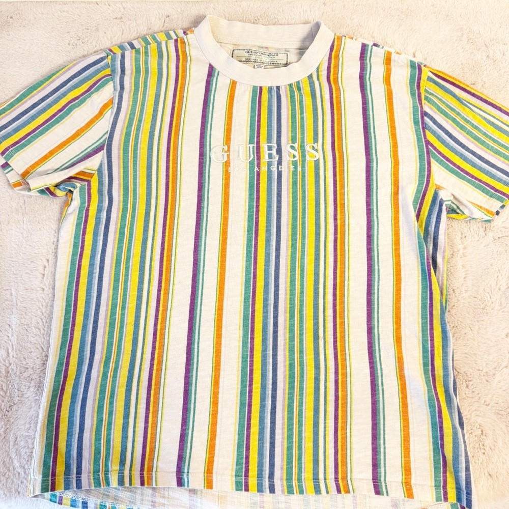 GUESS Vintage Striped Rainbow Crewneck T-Shirt Size Medium